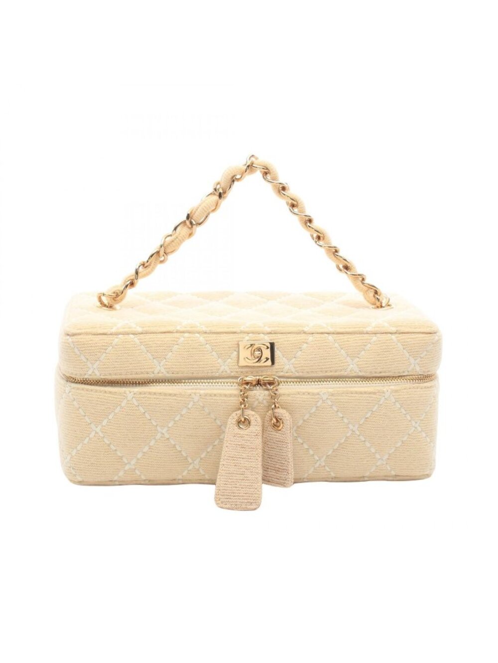 Chanel Handbag Wild Stitch Cream Canvas Quilted Chain Handle Vanity Bag